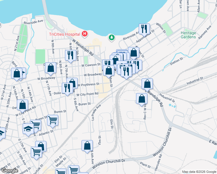 map of restaurants, bars, coffee shops, grocery stores, and more near 104 North Main Street in Hopewell