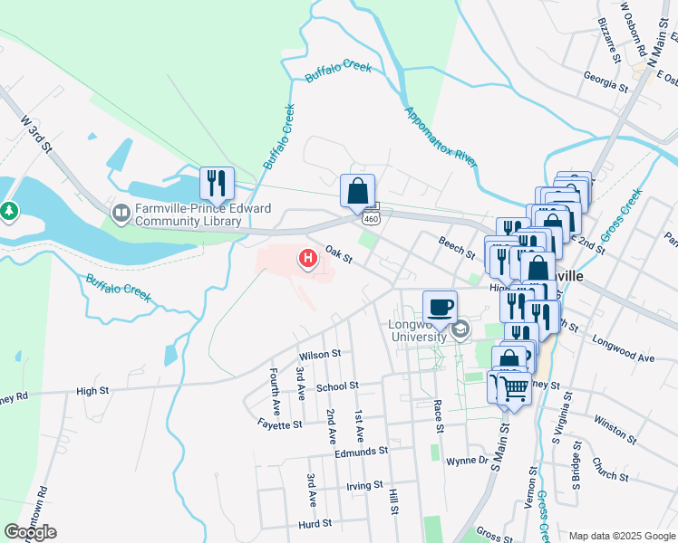 map of restaurants, bars, coffee shops, grocery stores, and more near 709 Oak Street in Farmville