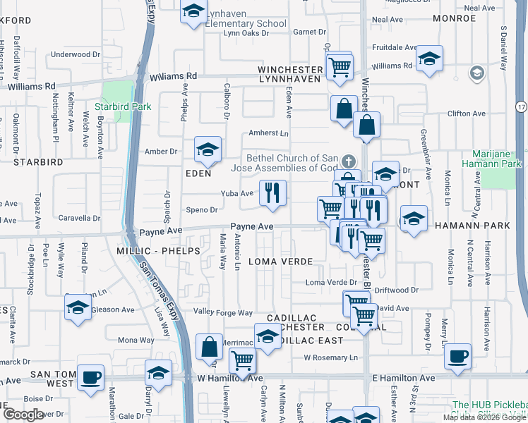 map of restaurants, bars, coffee shops, grocery stores, and more near 3332 Valley Square Lane in San Jose