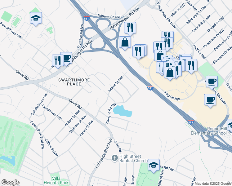 map of restaurants, bars, coffee shops, grocery stores, and more near 2738 Kirkland Drive Northwest in Roanoke