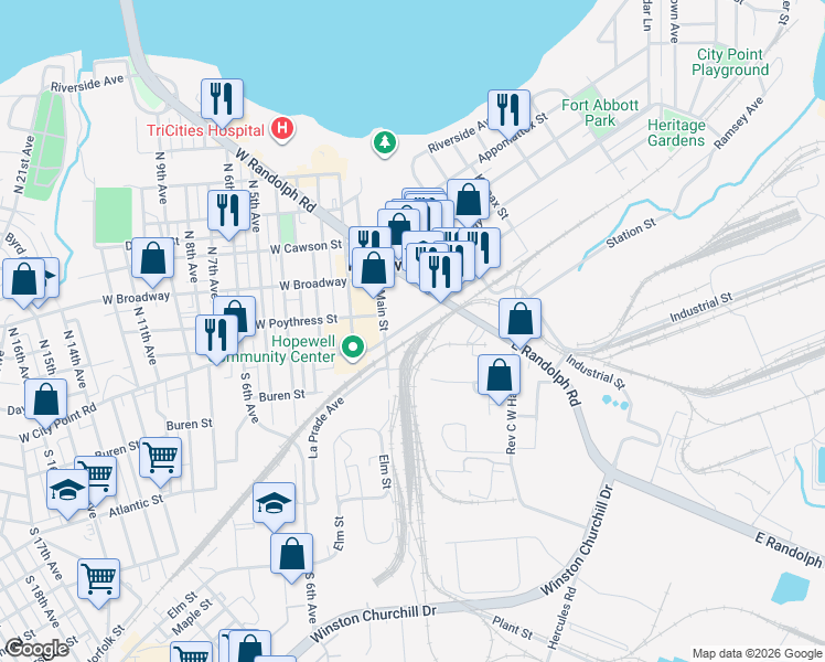 map of restaurants, bars, coffee shops, grocery stores, and more near 110 East City Point Road in Hopewell