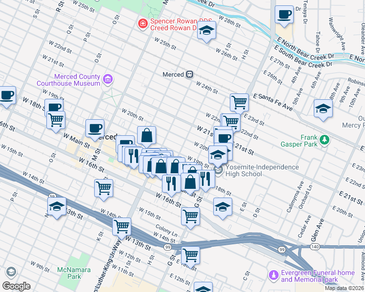 map of restaurants, bars, coffee shops, grocery stores, and more near I Street in Merced