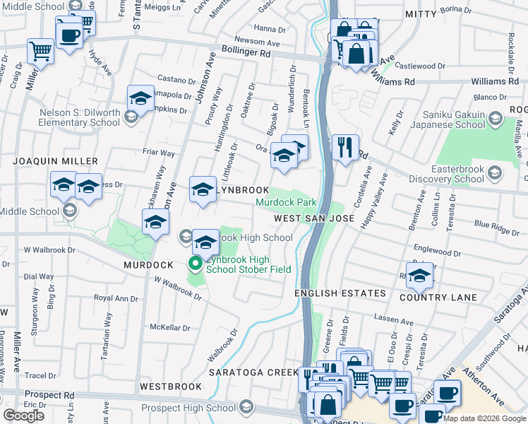 map of restaurants, bars, coffee shops, grocery stores, and more near 5492 Castle Glen Avenue in San Jose