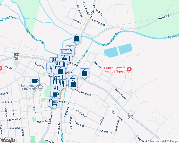 map of restaurants, bars, coffee shops, grocery stores, and more near 412 East 2nd Street in Farmville