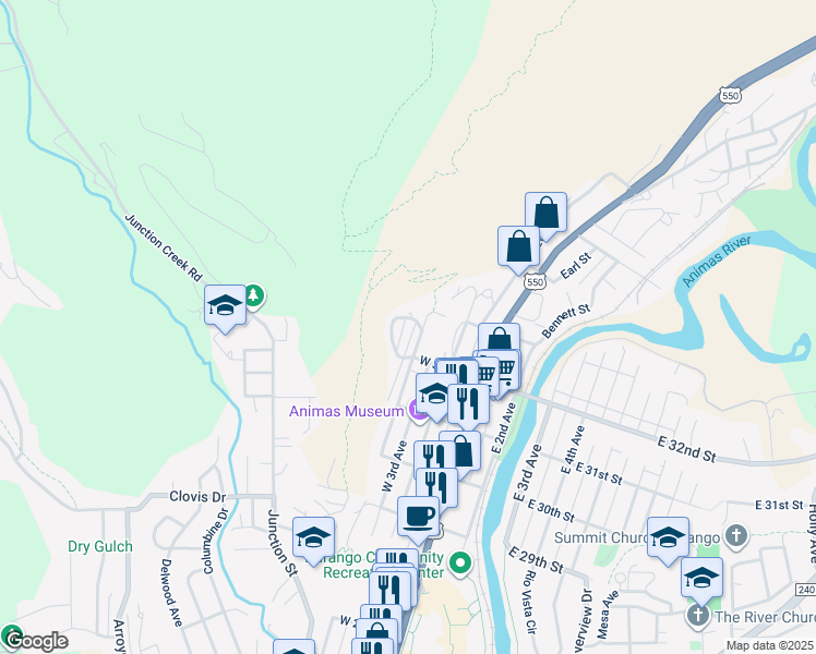 map of restaurants, bars, coffee shops, grocery stores, and more near 3200-3298 West 6th Avenue in Durango
