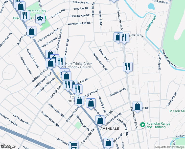map of restaurants, bars, coffee shops, grocery stores, and more near 186 Wildhurst Avenue Northeast in Roanoke