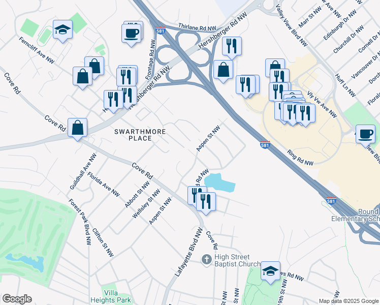 map of restaurants, bars, coffee shops, grocery stores, and more near 2820 Aspen Grove Ct NW in Roanoke