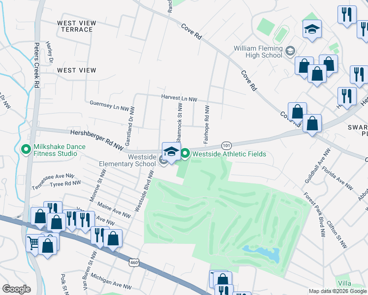 map of restaurants, bars, coffee shops, grocery stores, and more near 3700-3766 Hershberger Road Northwest in Roanoke