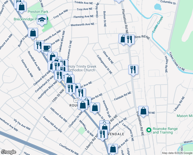 map of restaurants, bars, coffee shops, grocery stores, and more near 186 Wildhurst Avenue Northeast in Roanoke