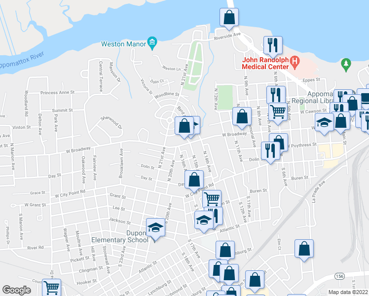 map of restaurants, bars, coffee shops, grocery stores, and more near 1506 West Broadway in Hopewell