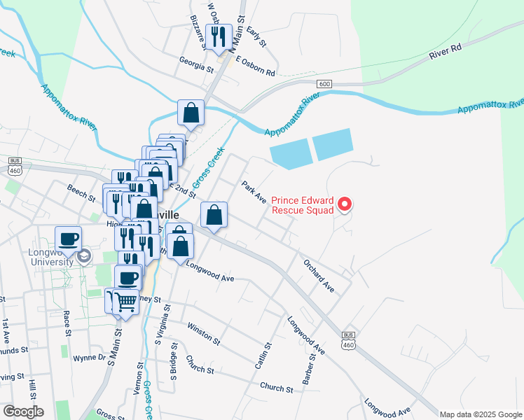 map of restaurants, bars, coffee shops, grocery stores, and more near 311 Watson St in Farmville