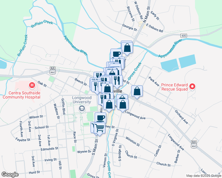 map of restaurants, bars, coffee shops, grocery stores, and more near 142 North Main Street in Farmville