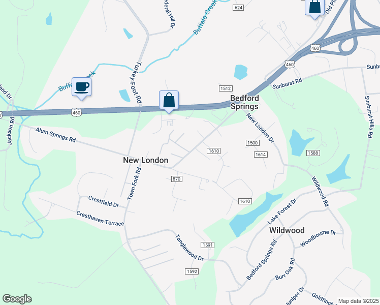 map of restaurants, bars, coffee shops, grocery stores, and more near Alum Springs Road in Lynchburg