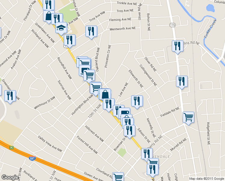 map of restaurants, bars, coffee shops, grocery stores, and more near 3307 Birchwood Avenue Northeast in Roanoke