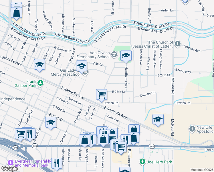 map of restaurants, bars, coffee shops, grocery stores, and more near 2660 Green Street in Merced