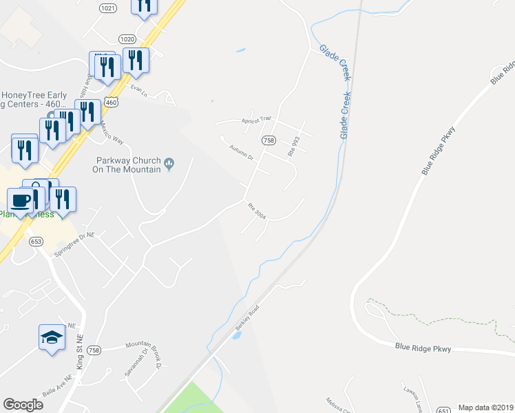 map of restaurants, bars, coffee shops, grocery stores, and more near 3622 Route 3004 in Roanoke