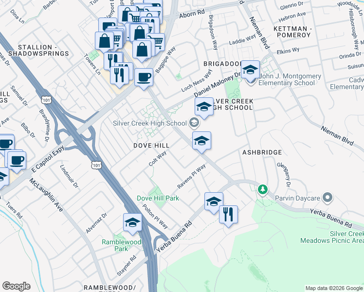map of restaurants, bars, coffee shops, grocery stores, and more near 1561 Via Alegria Court in San Jose