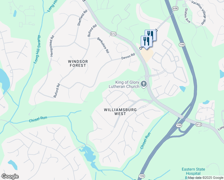 map of restaurants, bars, coffee shops, grocery stores, and more near 201 Kilton Forest in Williamsburg