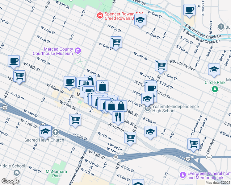 map of restaurants, bars, coffee shops, grocery stores, and more near 259 West 19th Street in Merced