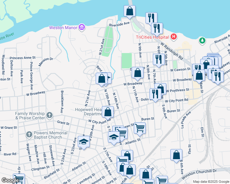 map of restaurants, bars, coffee shops, grocery stores, and more near 223 North 14th Avenue in Hopewell