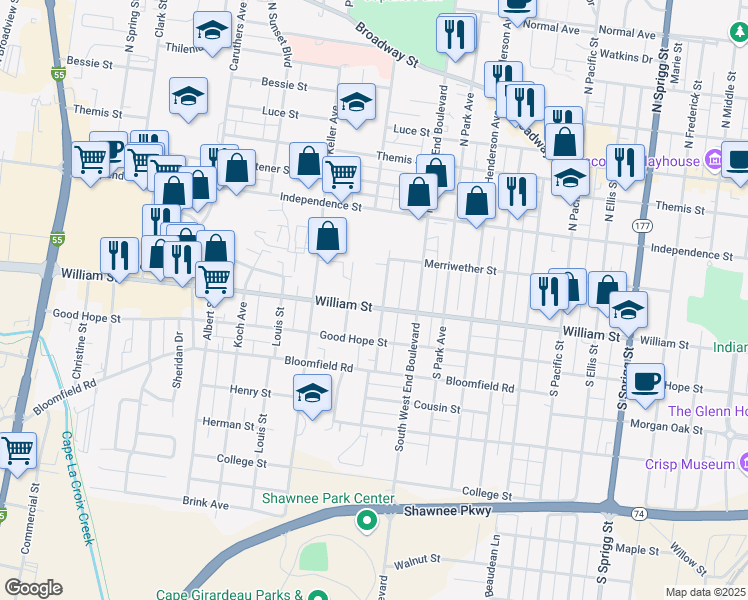 map of restaurants, bars, coffee shops, grocery stores, and more near 141 Louisiana Avenue in Cape Girardeau