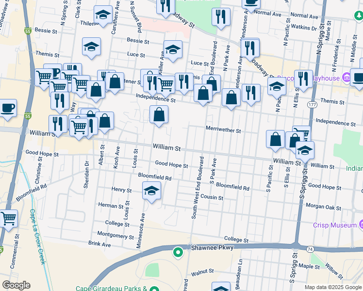 map of restaurants, bars, coffee shops, grocery stores, and more near 141 Louisiana Avenue in Cape Girardeau