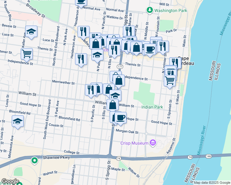 map of restaurants, bars, coffee shops, grocery stores, and more near in Cape Girardeau