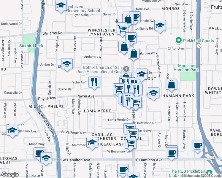 map of restaurants, bars, coffee shops, grocery stores, and more near 3195 Chivas Place in San Jose