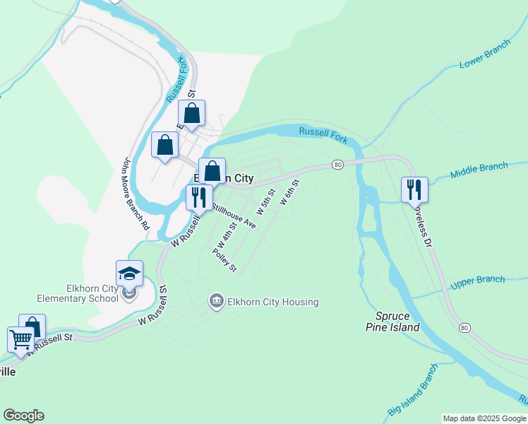 map of restaurants, bars, coffee shops, grocery stores, and more near 201 West 5th Street in Elkhorn City