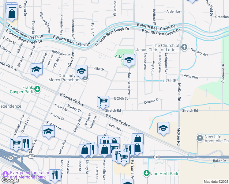 map of restaurants, bars, coffee shops, grocery stores, and more near 1550 Primrose Avenue in Merced