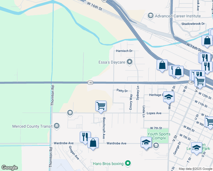 map of restaurants, bars, coffee shops, grocery stores, and more near 2014 California 140 in Merced