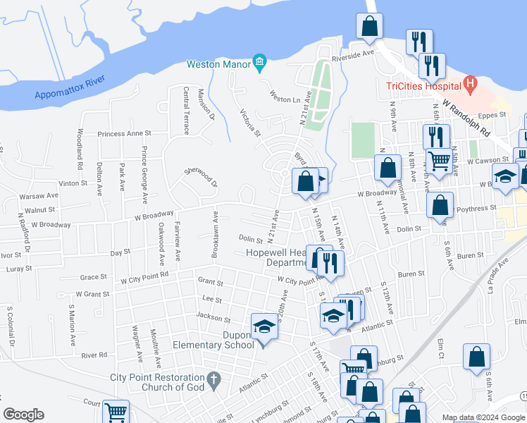 map of restaurants, bars, coffee shops, grocery stores, and more near 2112 West Broadway Avenue in Hopewell