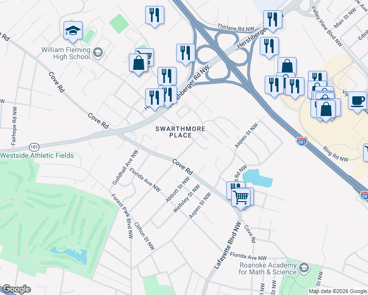 map of restaurants, bars, coffee shops, grocery stores, and more near 1619 Coveland Drive Northwest in Roanoke