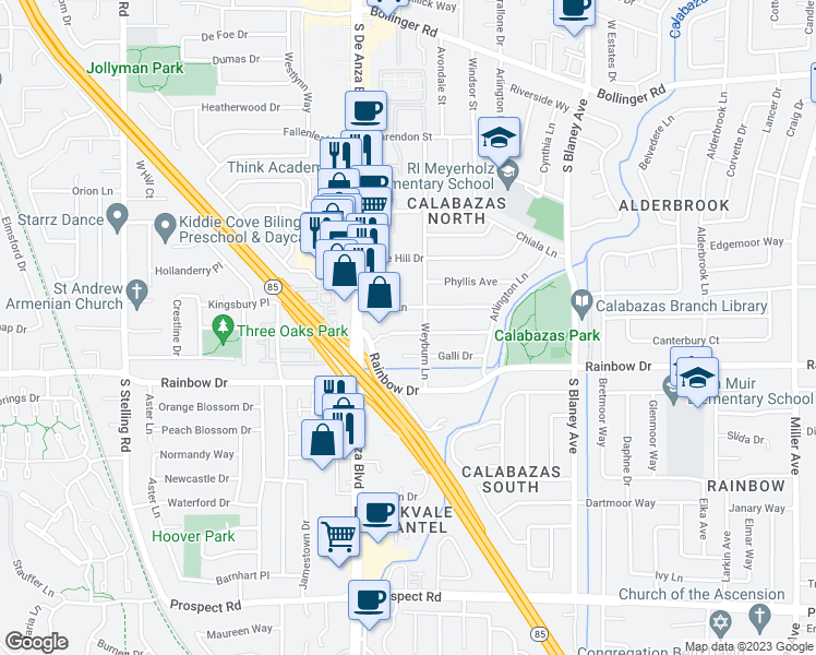 map of restaurants, bars, coffee shops, grocery stores, and more near 7177 Coronado Drive in San Jose