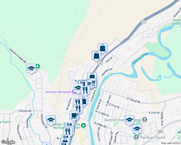 map of restaurants, bars, coffee shops, grocery stores, and more near 160 W 33rd St in Durango