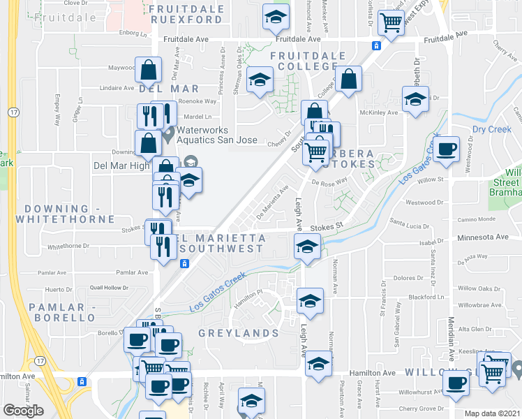 map of restaurants, bars, coffee shops, grocery stores, and more near in San Jose