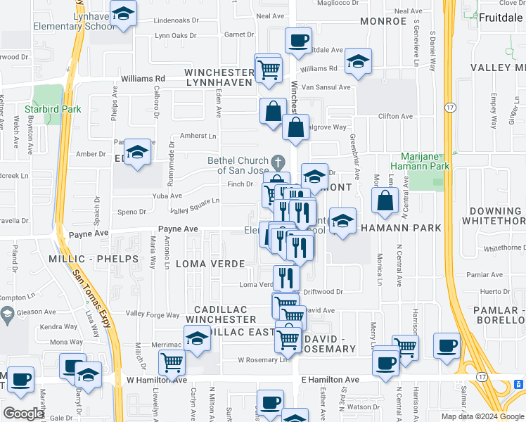 map of restaurants, bars, coffee shops, grocery stores, and more near 3153 Payne Avenue in San Jose