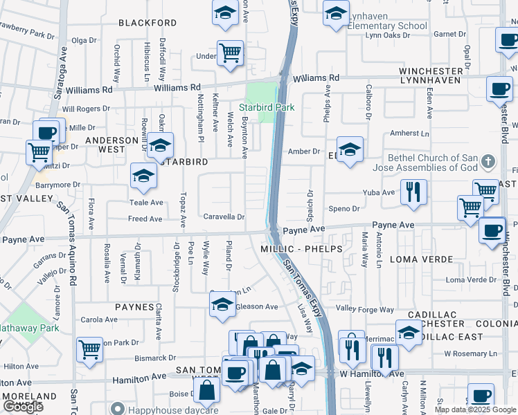 map of restaurants, bars, coffee shops, grocery stores, and more near 3675 Payne Avenue in San Jose