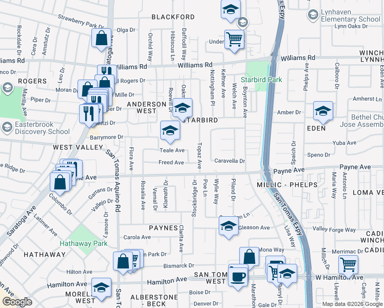 map of restaurants, bars, coffee shops, grocery stores, and more near 3928 Teale Avenue in San Jose