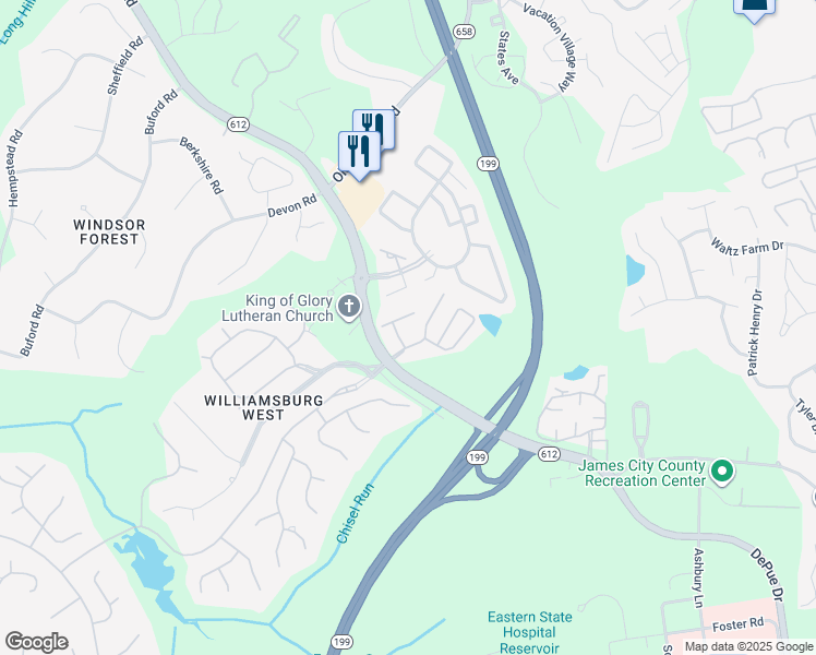 map of restaurants, bars, coffee shops, grocery stores, and more near 5302 Lane Place Drive in Williamsburg