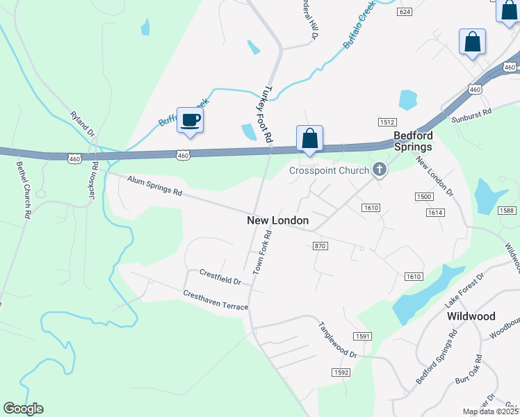 map of restaurants, bars, coffee shops, grocery stores, and more near 593 Alum Springs Road in Lynchburg