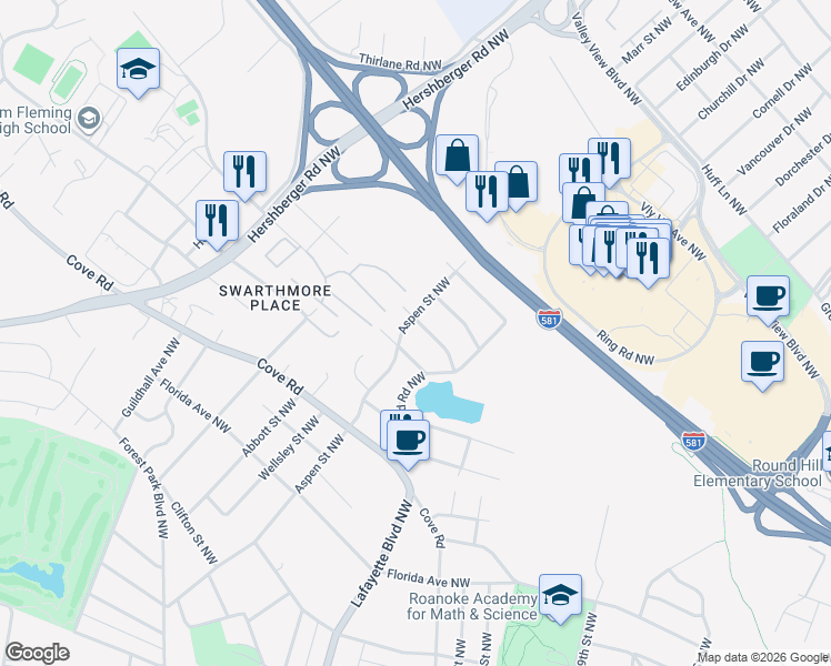 map of restaurants, bars, coffee shops, grocery stores, and more near 2751 Ordway Drive Northwest in Roanoke