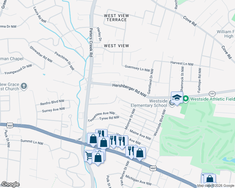 map of restaurants, bars, coffee shops, grocery stores, and more near 4145 Wyoming Avenue Northwest in Roanoke