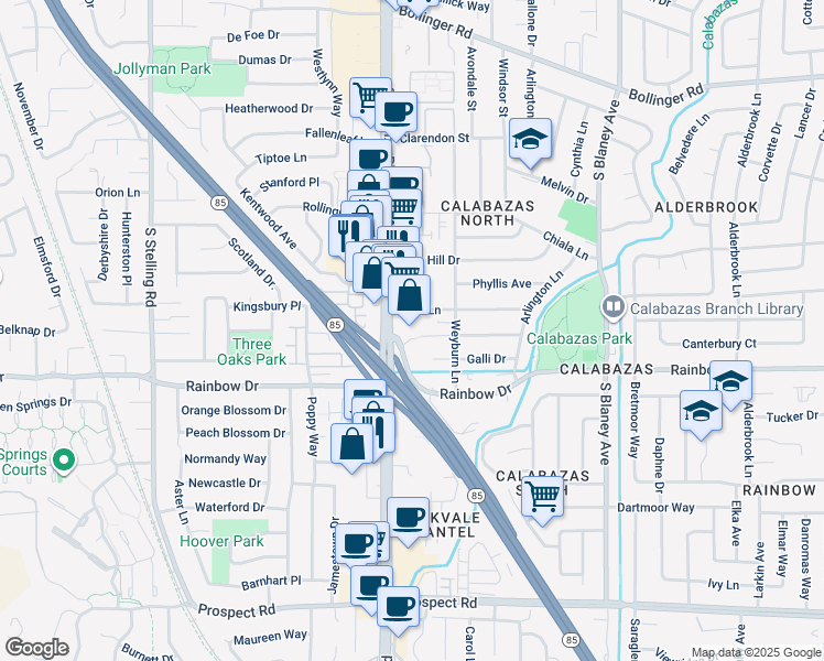 map of restaurants, bars, coffee shops, grocery stores, and more near 7216 Coronado Drive in San Jose