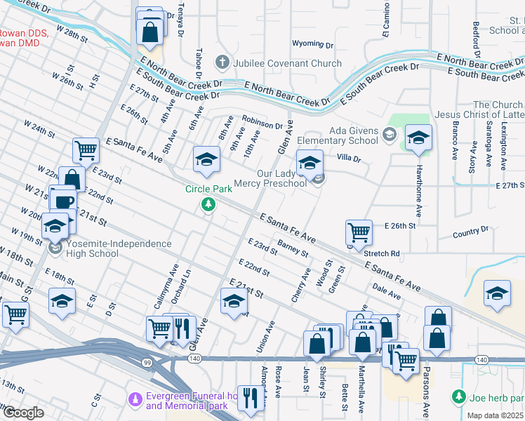 map of restaurants, bars, coffee shops, grocery stores, and more near 1121 East Santa Fe Avenue in Merced