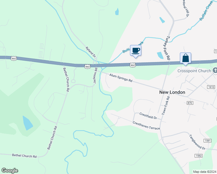 map of restaurants, bars, coffee shops, grocery stores, and more near 121 Carters Crossing Lane in Forest