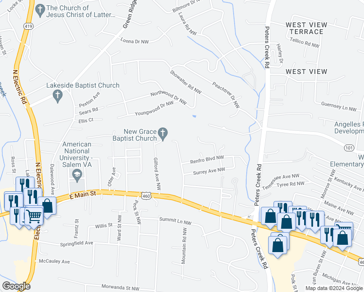 map of restaurants, bars, coffee shops, grocery stores, and more near 1437 Gun Club Road Northwest in Roanoke