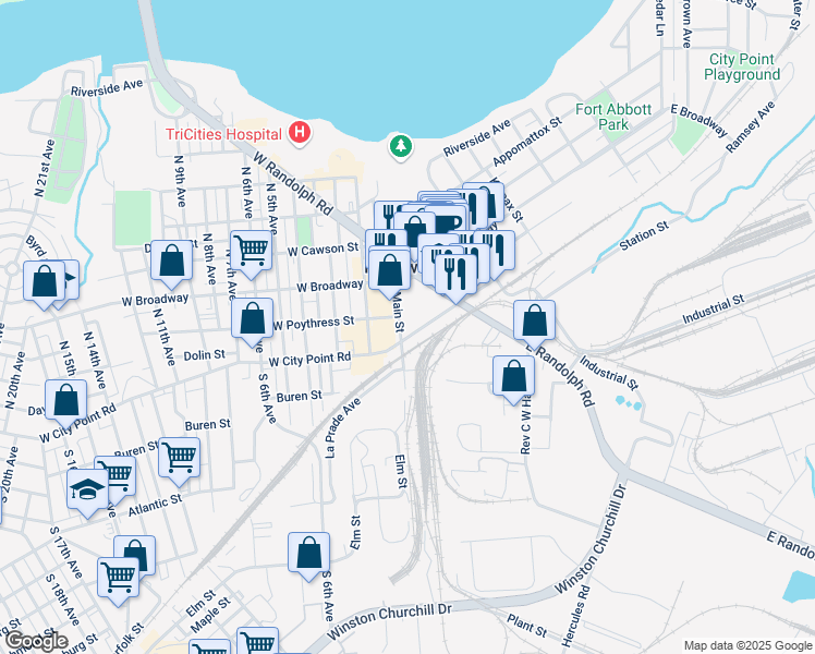 map of restaurants, bars, coffee shops, grocery stores, and more near 104 North Main Street in Hopewell