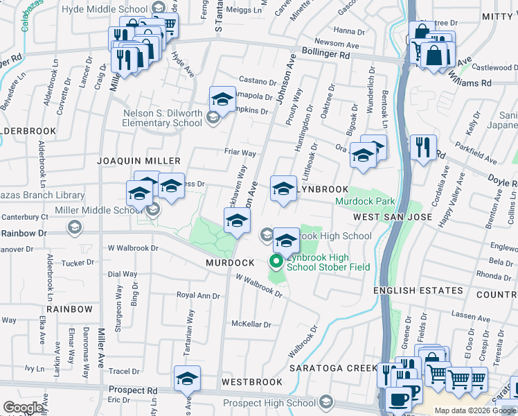 map of restaurants, bars, coffee shops, grocery stores, and more near 1217 Lynbrook Way in San Jose