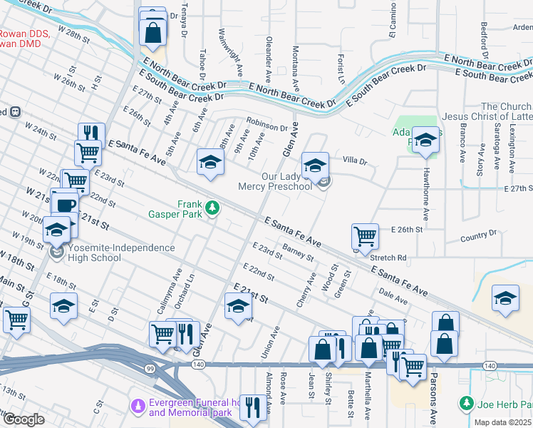map of restaurants, bars, coffee shops, grocery stores, and more near 1121 East Santa Fe Avenue in Merced